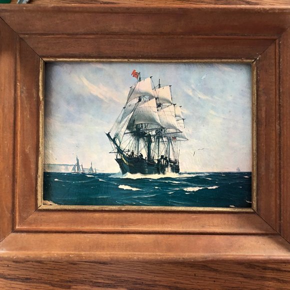 4 Vintage lithography prints lake boats ships vintage wood frame wall decors - Picture 7 of 8